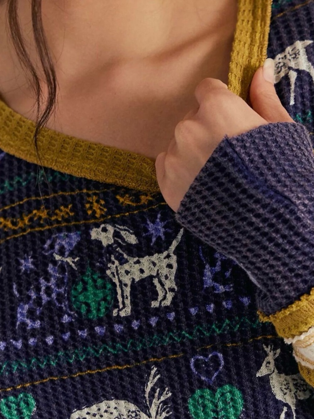 NWT $68 WE THE FREE FREE PEOPLE  BLISSFUL LAYERING TEE TOP WAFFLE NAVY PRINT XS - Picture 2 of 13